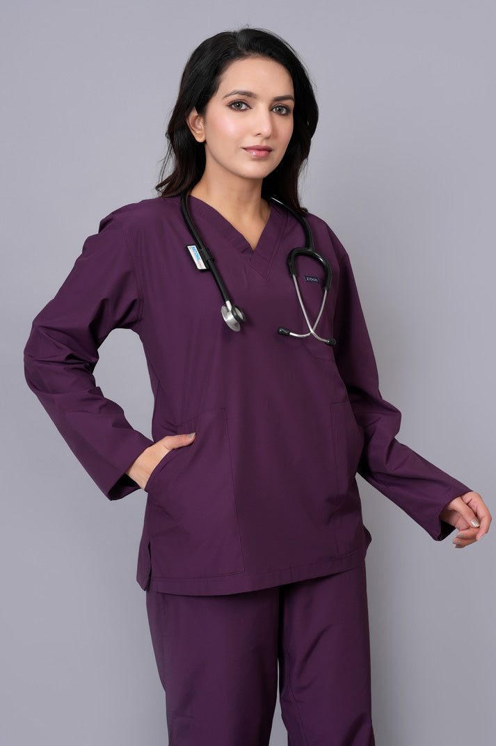 Women's classic full sleeves ( wine ) scrubs