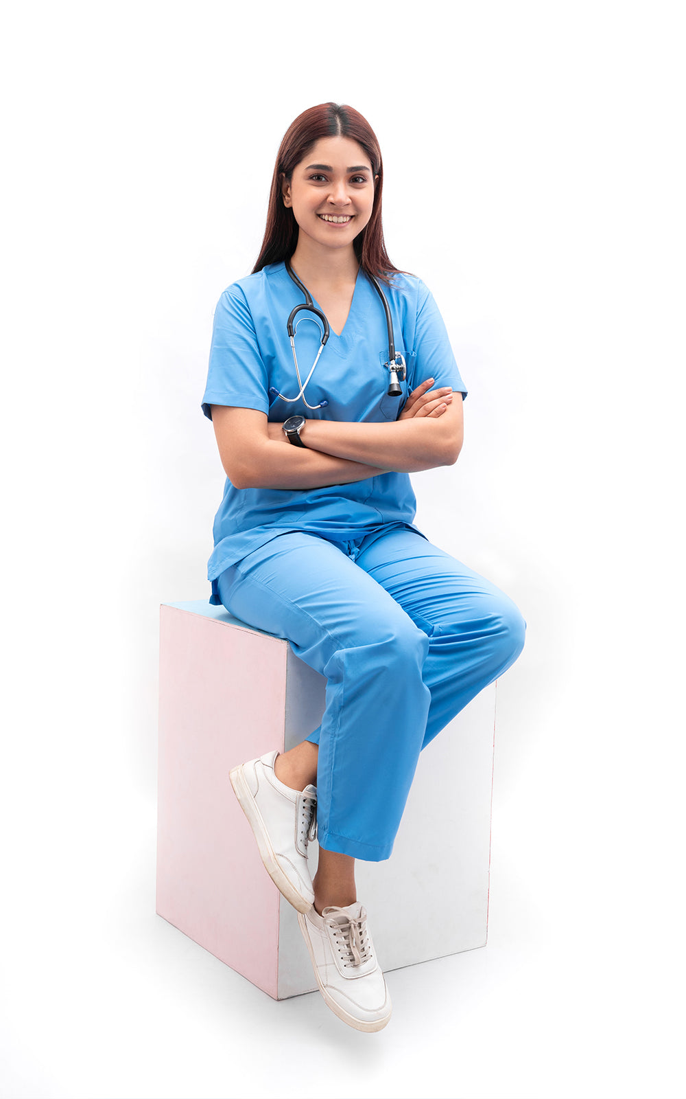 Classic Women's 5-Pocket Pure Polyester Sky Blue Scrub Suit